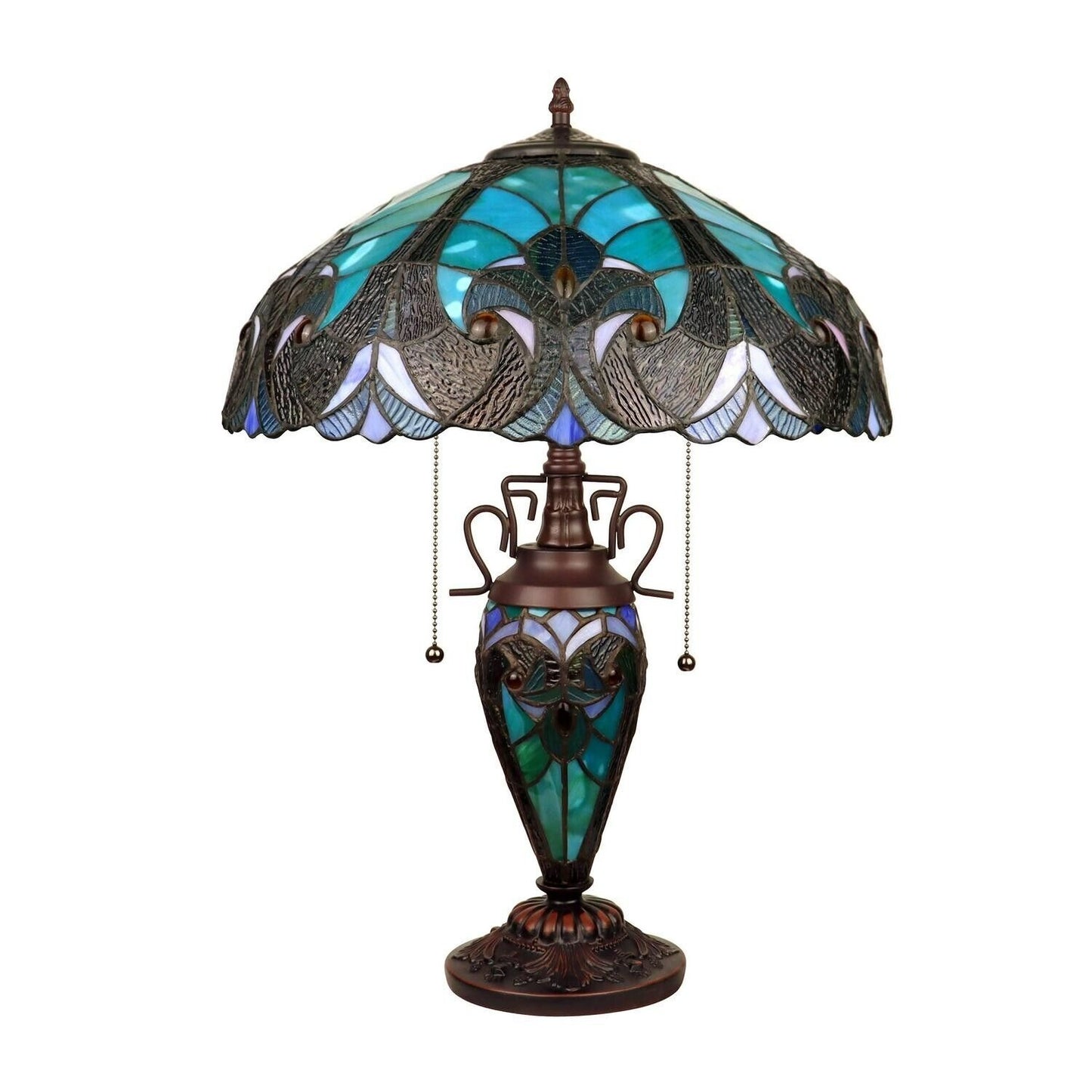 Aqua Blue Green Tiffany Inspired Victorian Stained Glass Table Lamp w/ Lit Base