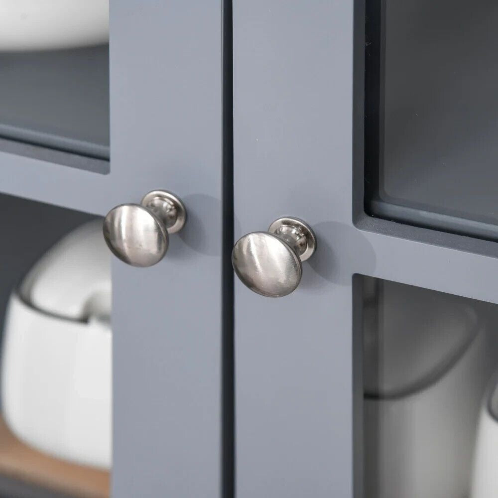 Gray Kitchen Buffet Storage Cupboard with Framed Glass Door and Microwave Space