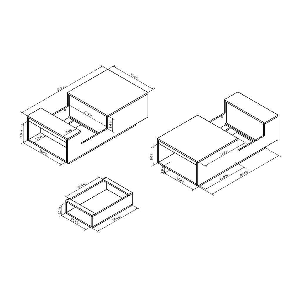 White Contemporary Coffee Table 3-Shelf Storage Black Window Shelf 47-in