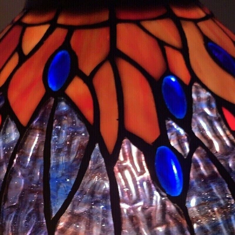 Tiffany Style Stained Glass Table Lamp Red Dragonfly Accent w/ Mosaic Base