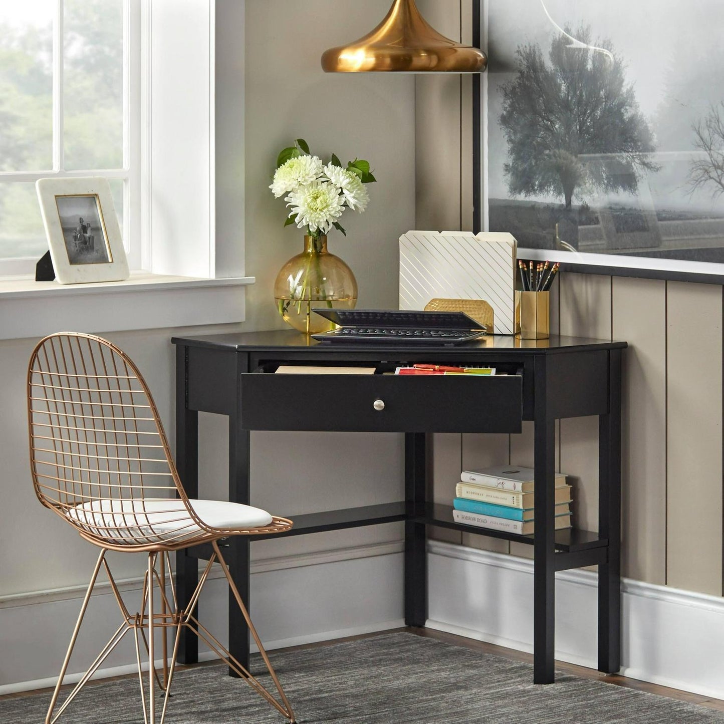 Corner Desk Computer Desk for Home Office and Study in BLACK w/ Lower Shelf