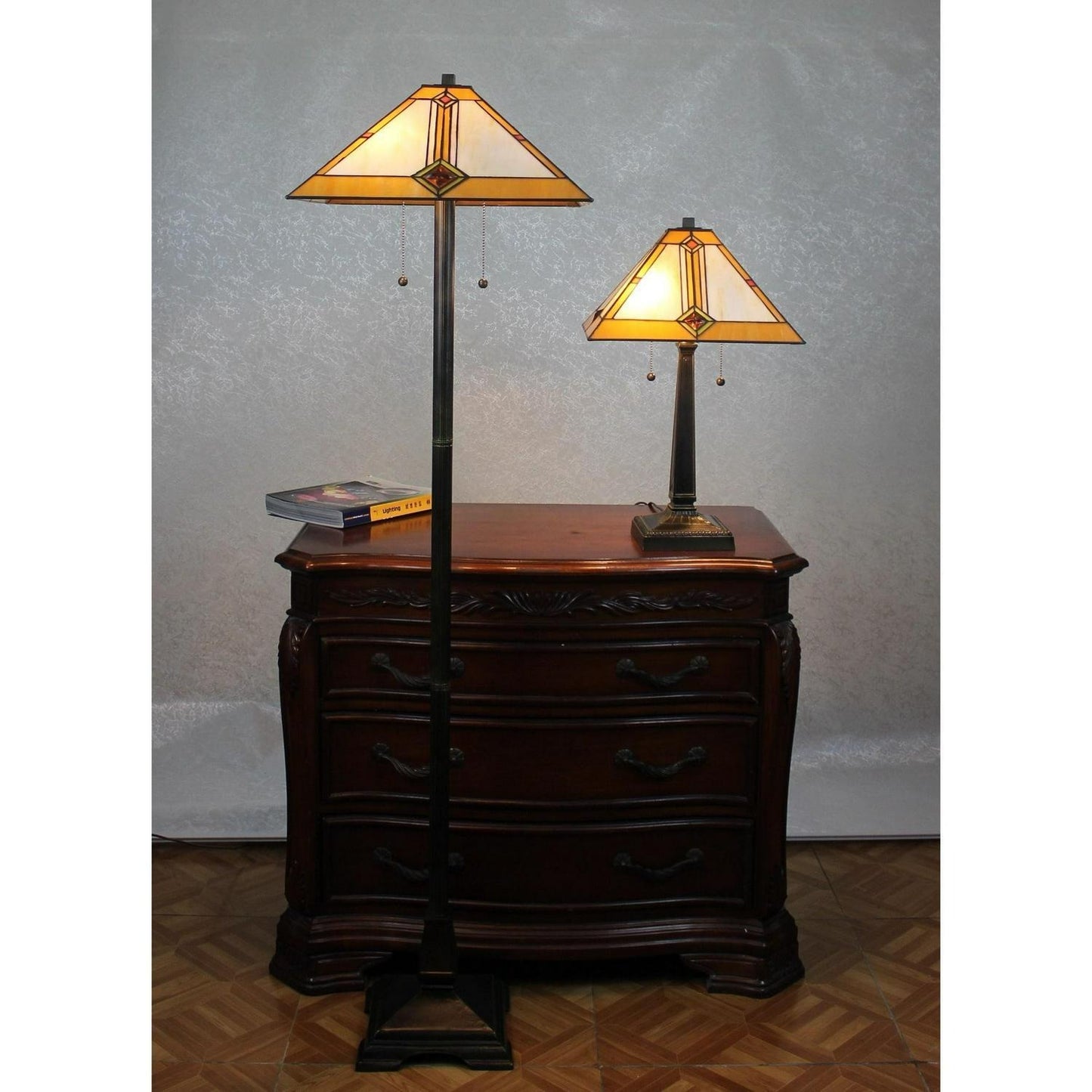 Stained Glass Lamp Set Tiffany Style Mission Table and Floor Lamp