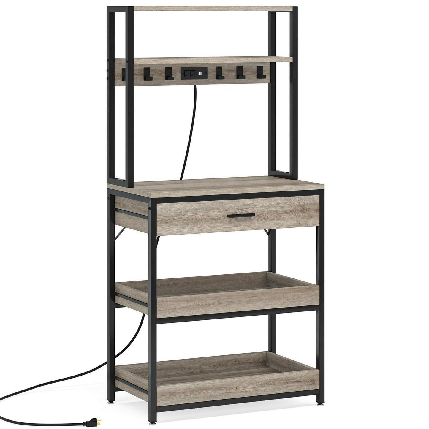 5.5ft 2-Tier Kitchen Baker's Rack w/ Outlets, Rustic Grey Fin - Microwave Stand