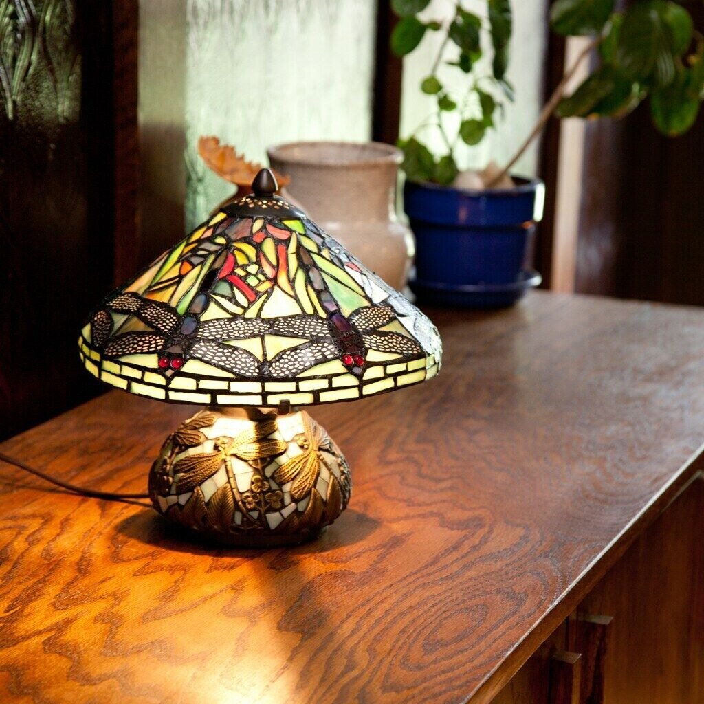 Tiffany Style Dragonfly Reading Accent Stained Glass Table Lamp Mosaic Base 10in