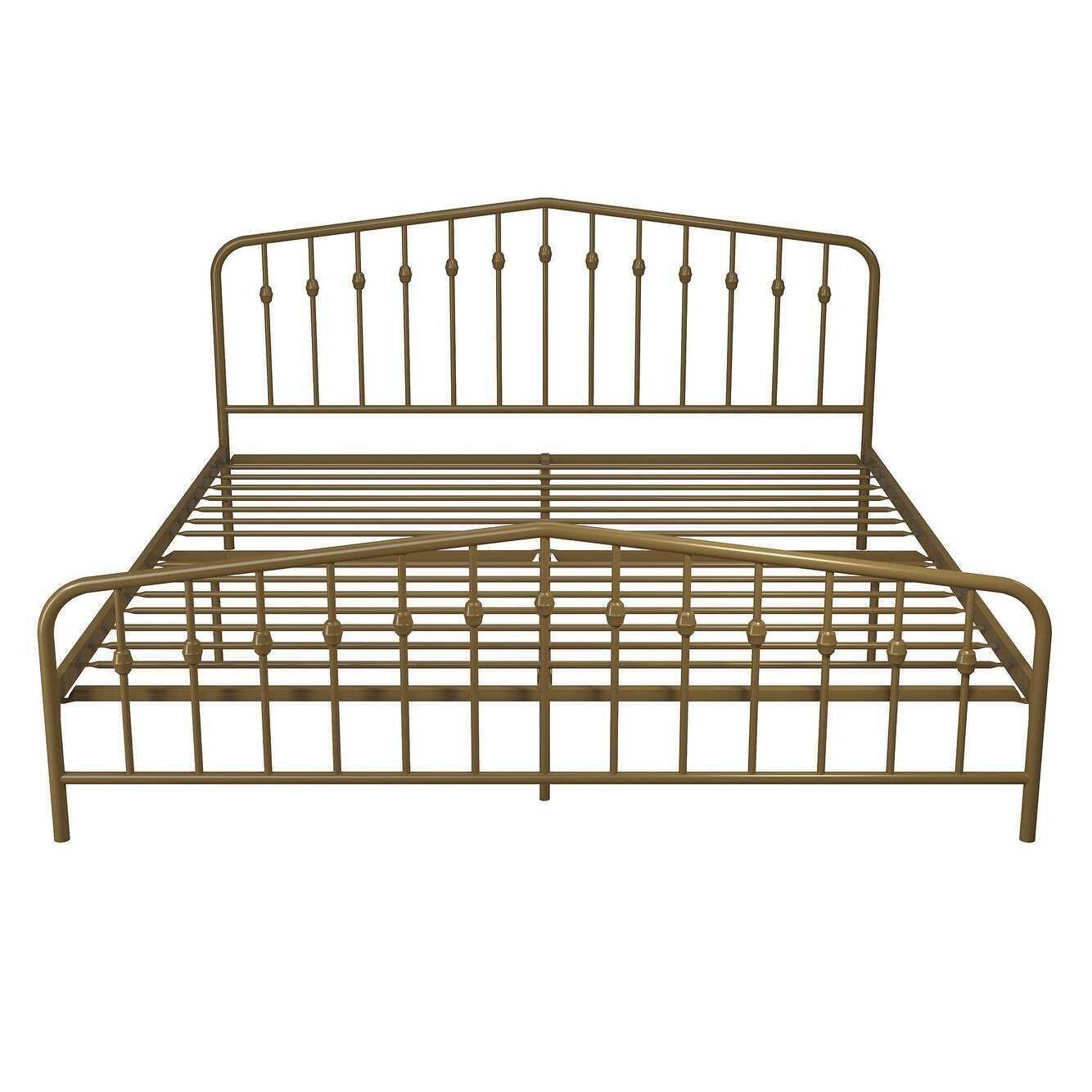 Gold Finish Metal Platform Bed in Off White Decorative Spindles QUEEN Size
