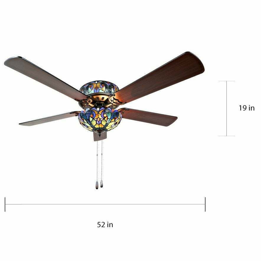 Blue Stained Glass Tiffany Style 52in Ceiling Fan - Pull Chain 2 Color Blades