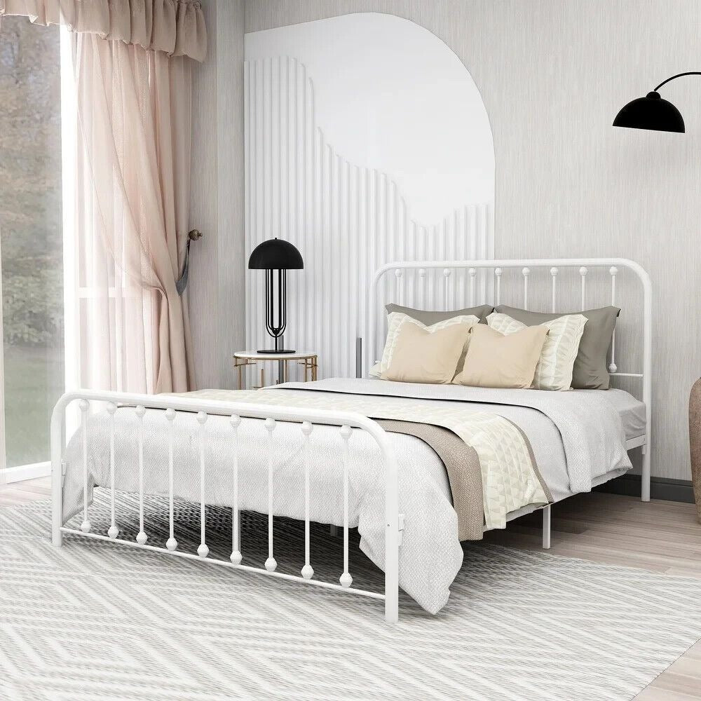 Queen Size Bed Frame Metal Platform Bed Frame with Headboard & Footboard White