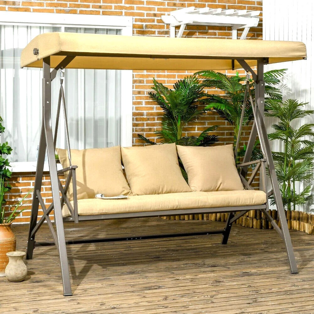 Patio Porch Swing Chair, Throw Pillows, Adjustable Canopy, Powder Coat in Khaki