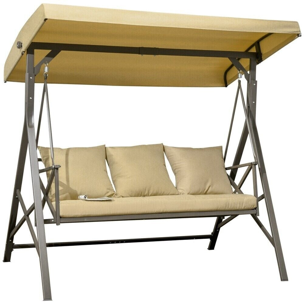 Patio Porch Swing Chair, Throw Pillows, Adjustable Canopy, Powder Coat in Khaki