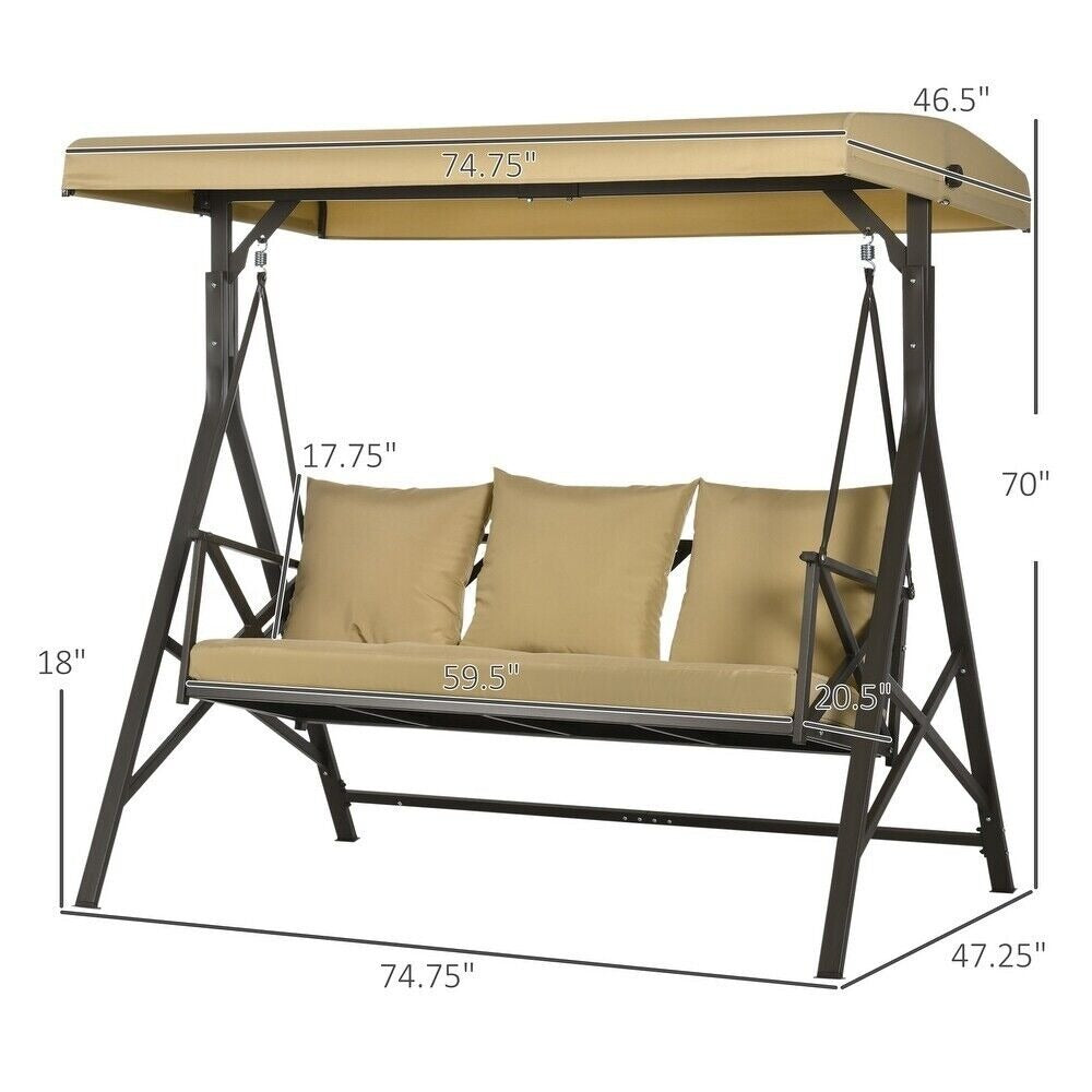 Patio Porch Swing Chair, Throw Pillows, Adjustable Canopy, Powder Coat in Khaki