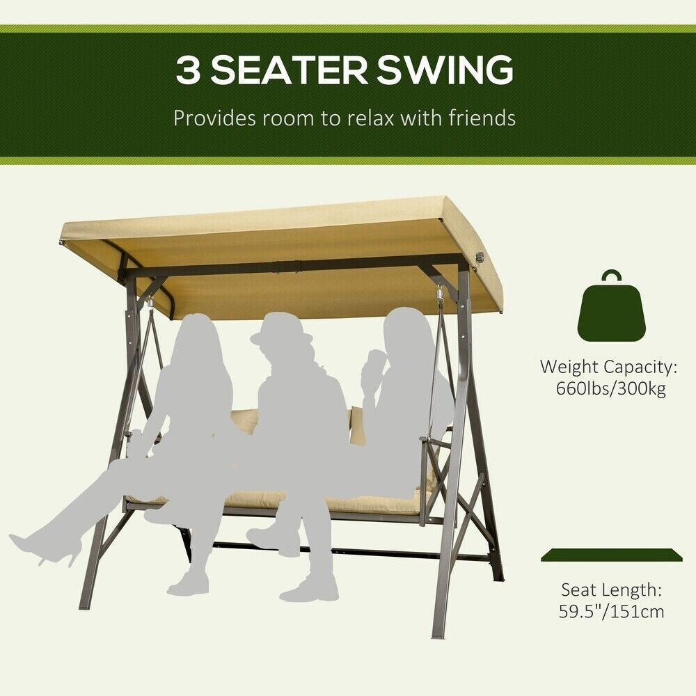 Patio Porch Swing Chair, Throw Pillows, Adjustable Canopy, Powder Coat in Khaki