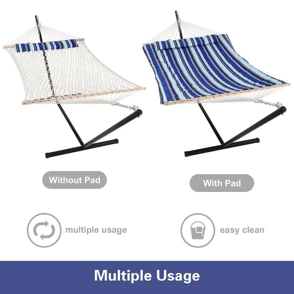 2 Person Hammock With Stand - Cotton Rope, Quilted Blue Striped w/Pillow