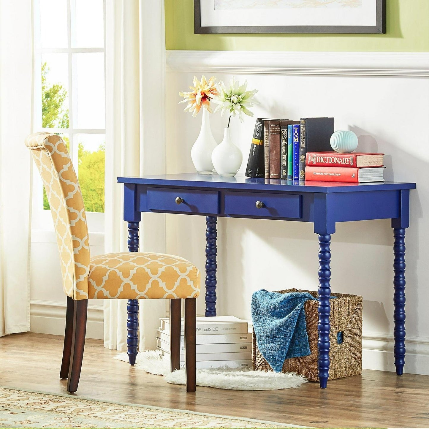 2 Drawer Minimalistic Office Desk Table with Helix Legs in Indigo Blue Finish