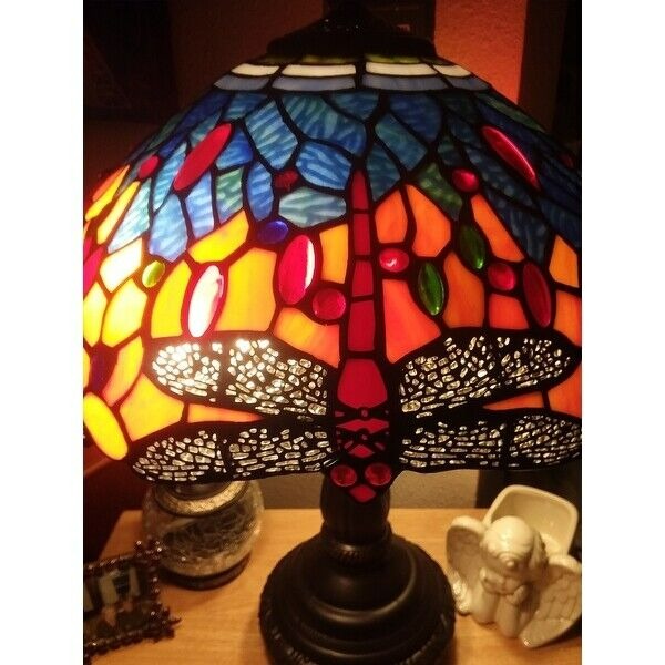 Tiffany Style Stained Glass Dragonfly Table Lamp Blue Red Gold w/ Bronze Finish