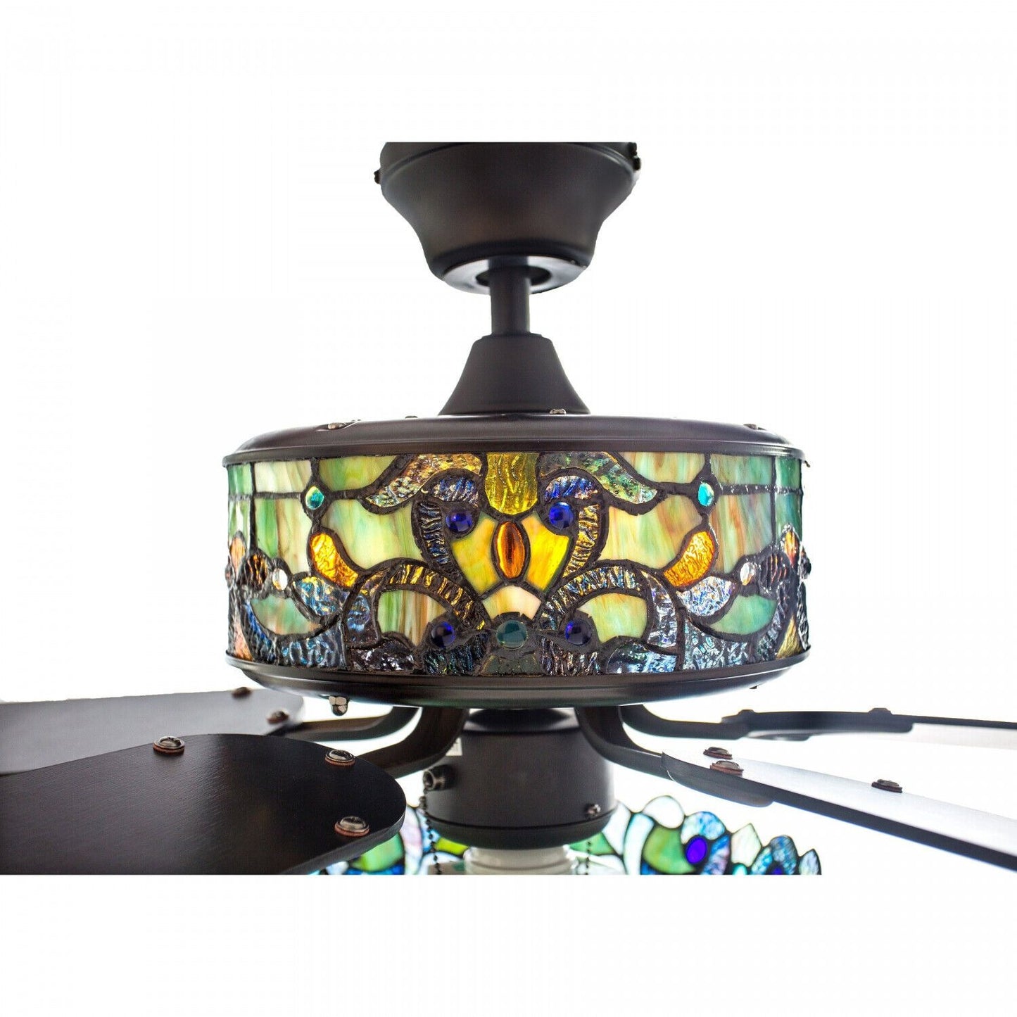 Tiffany Style Stained Glass Green Ceiling Fan 52in Wide - Pull Chain