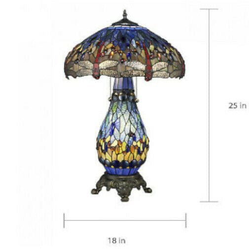 Tiffany Style Stained Glass Dragonfly Accent Reading Table Lamp w/ Lighted Base