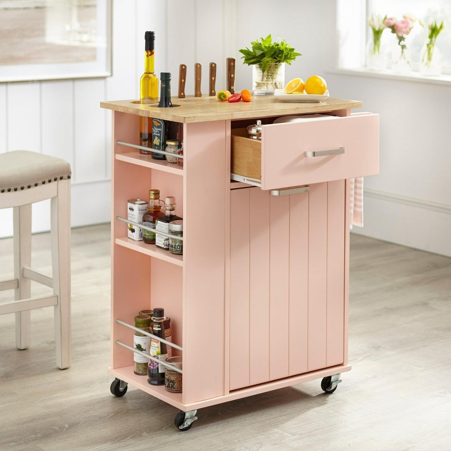Blush Pink Rolling Kitchen Serving Storage Cart Natural Finish Top