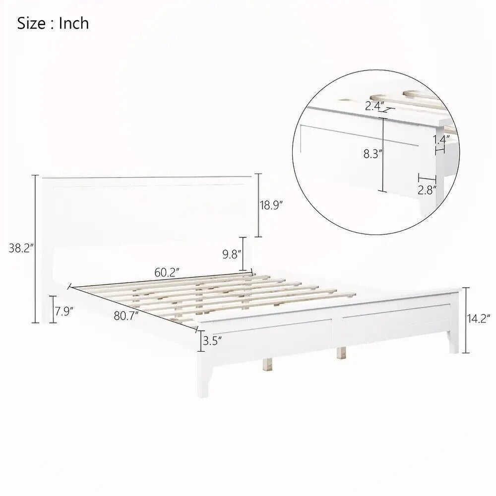 Queen Size Platform Bed Pind Wood and Slatted Headboard in White Finish
