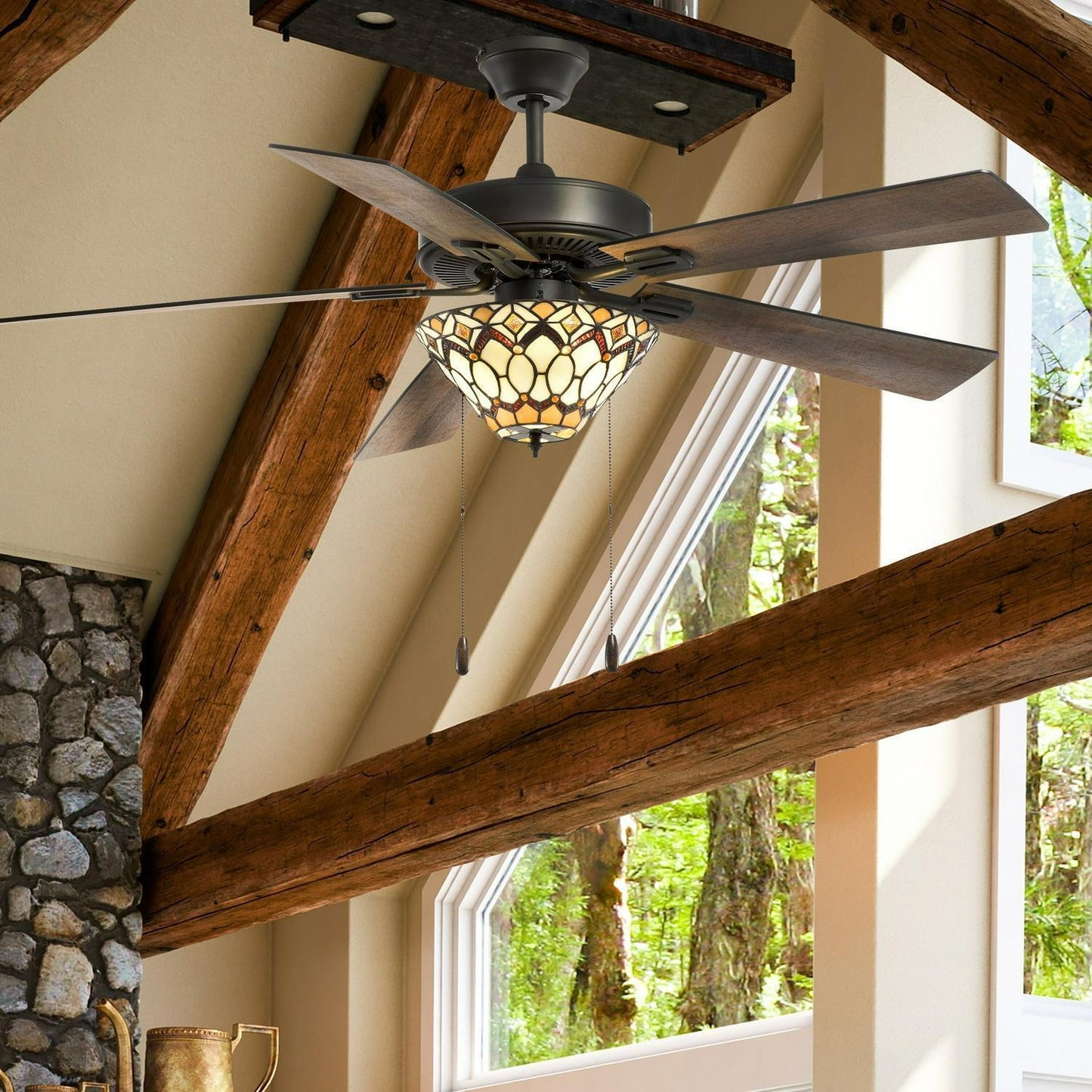 Amber and Ivory Tiffany Style Stained Glass Ceiling Fan 52-inch