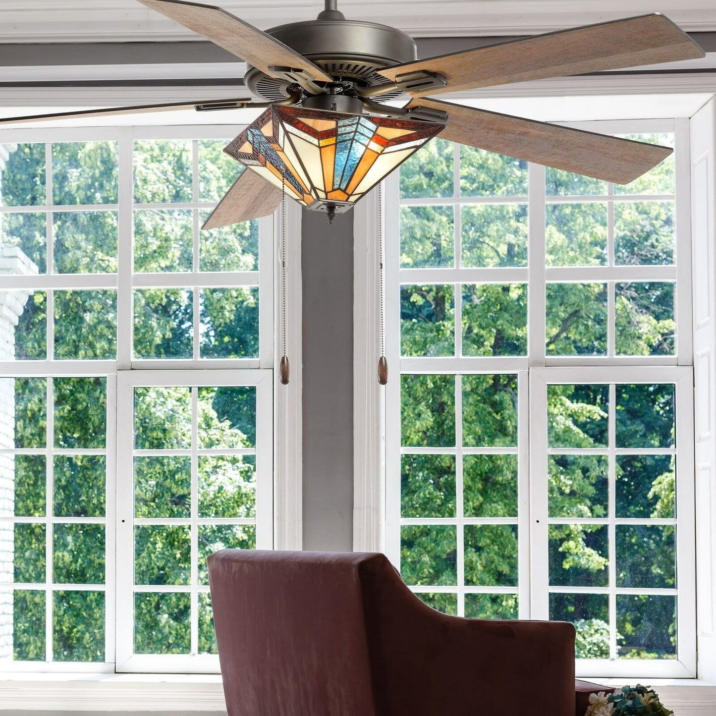Mission Tiffany Style Stained Glass Ceiling Fan 52in 5-Reversable Blades