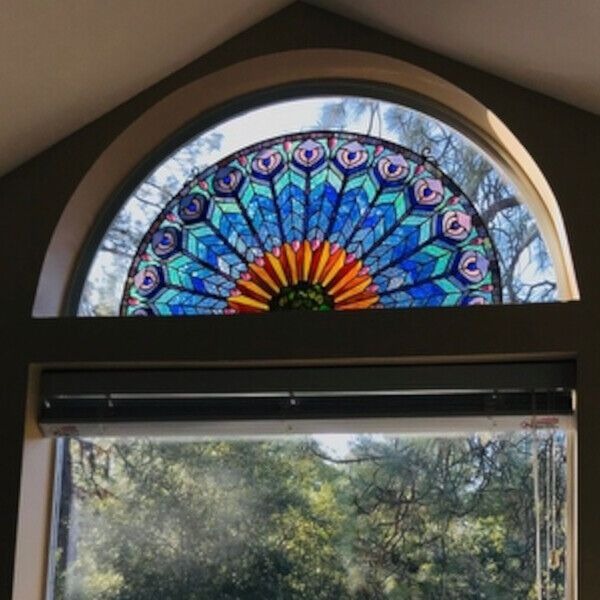 Tiffany Style Stained Glass Peacock Semi Circle Window Panel Suncatcher 35x18in