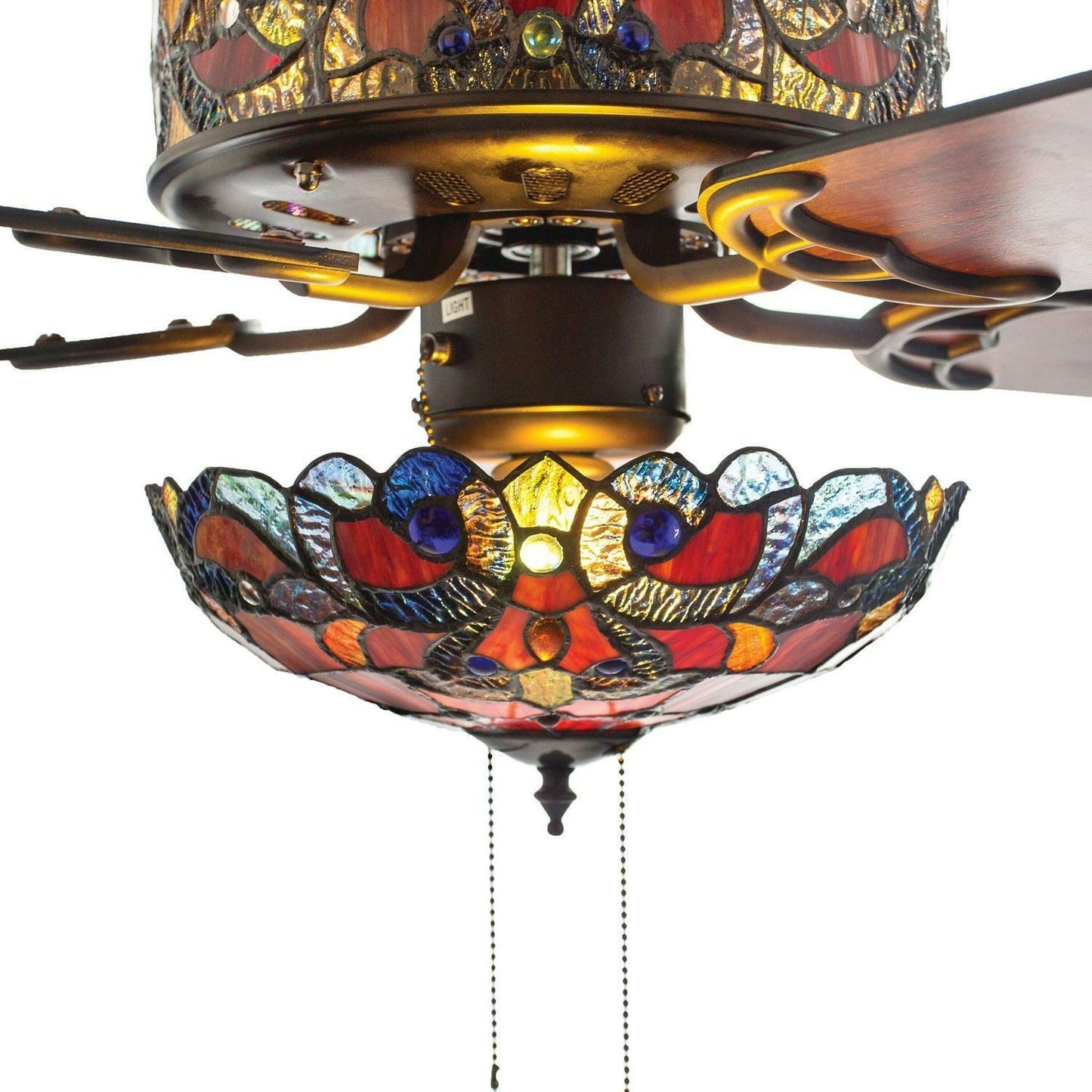 Red Ceiling Fan Tiffany Style Stained Glass 52in Wide - Pull Chain