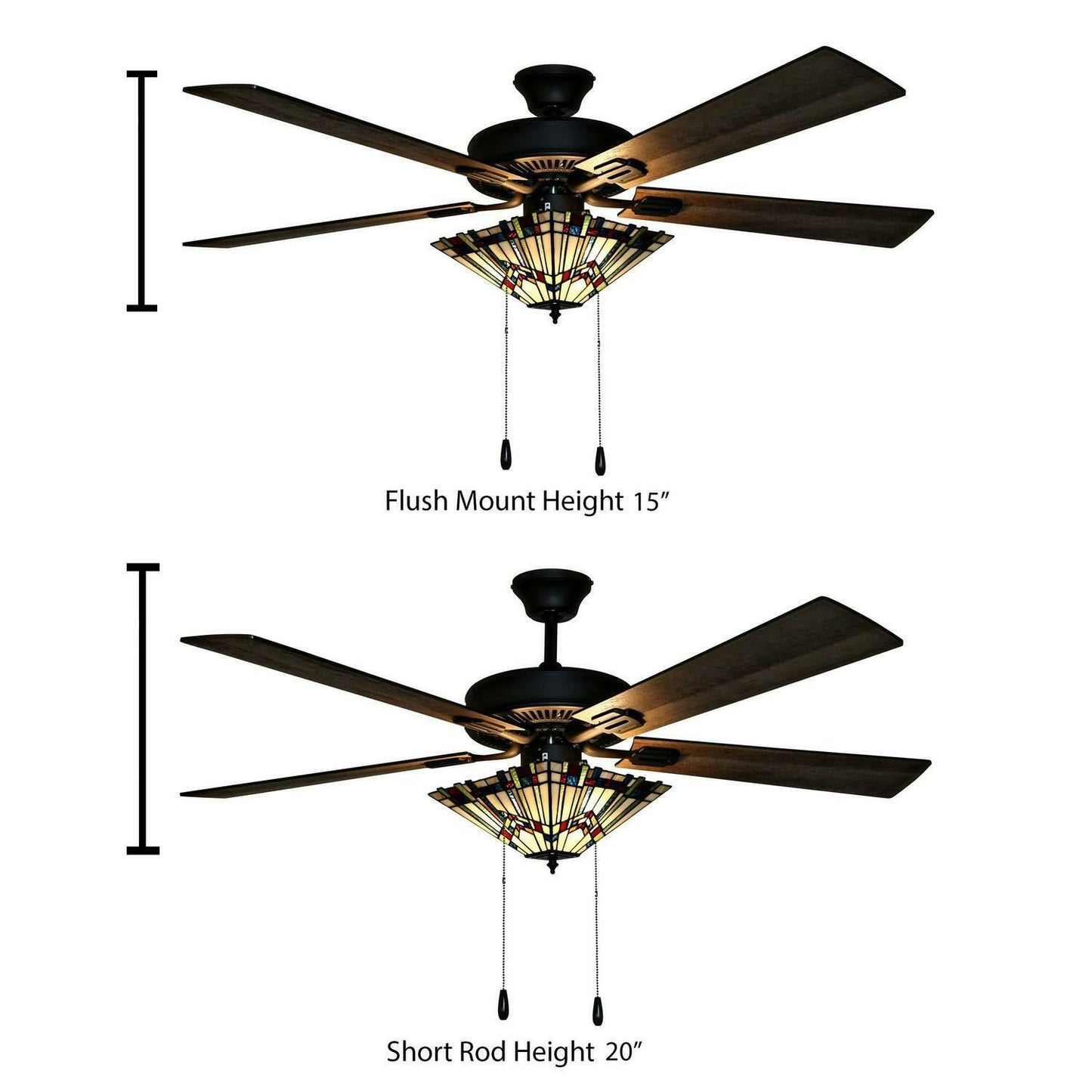 Bronze Finish Stained Glass 5-blade 52-inch Ceiling Fan With Light Mission Style