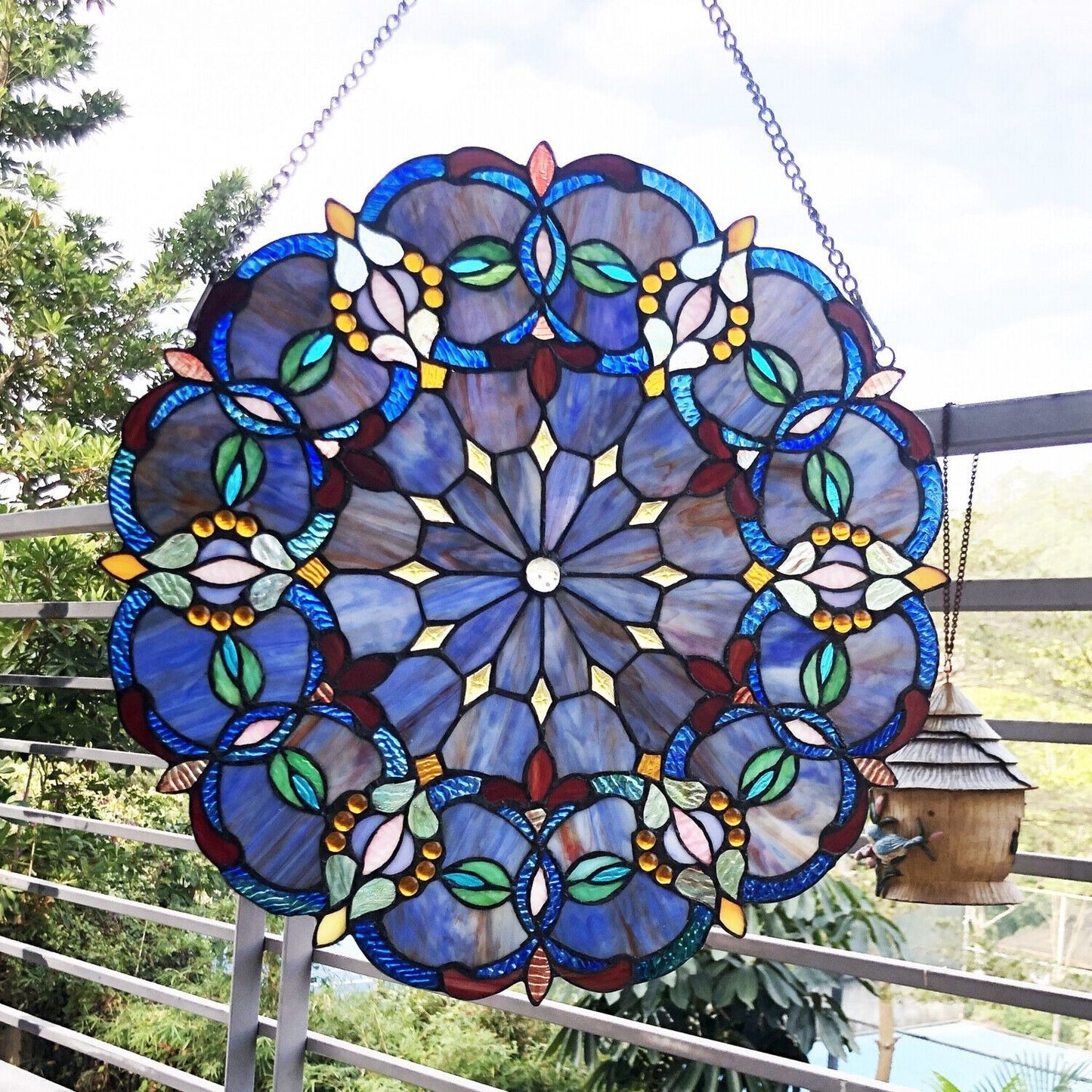 Victorian Design Blue 20in Tiffany Style Stained Glass Window Panel Suncatcher