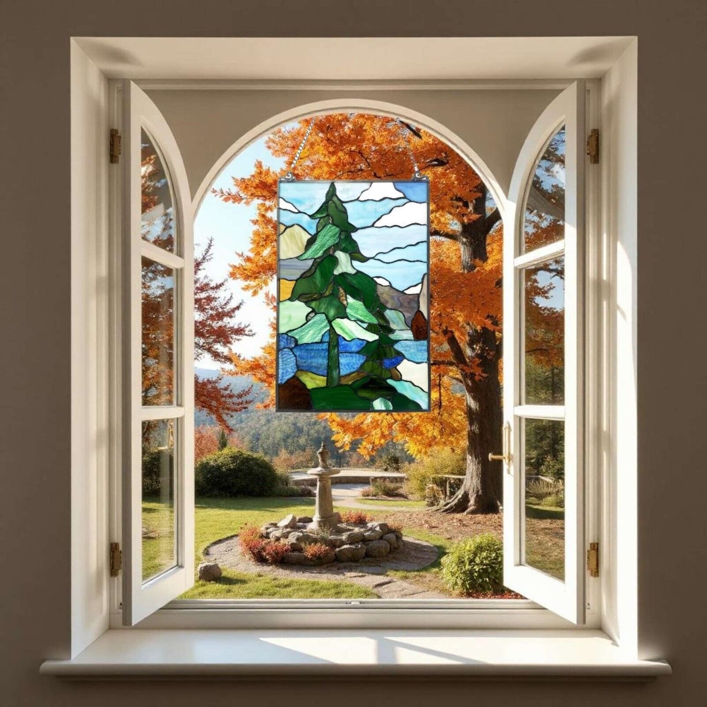 Pine Themed Tiffany Style Stained Glass Panel Suncatcher in Green and Blue 13x20
