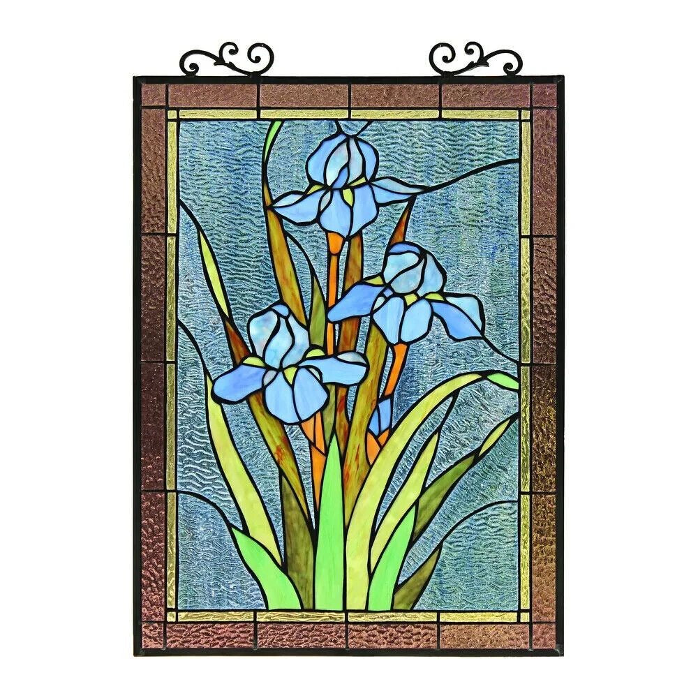 Blue Lily Floral Stained Glass Window Panel Suncatcher - Tiffany Style 18x25in