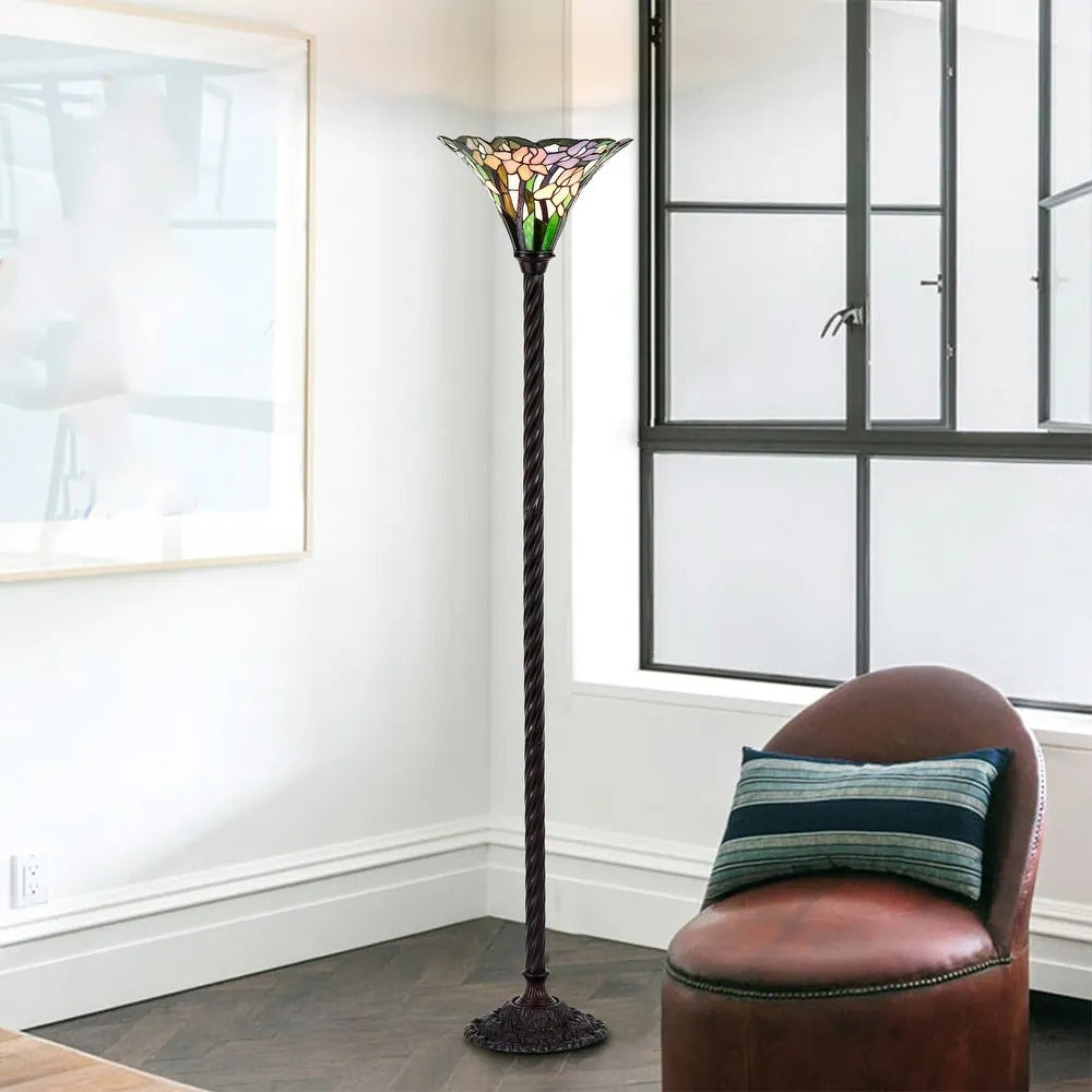Iris Floral Tiffany Style Stained Glass Torchiere Floor Lamp Barley Twist Base