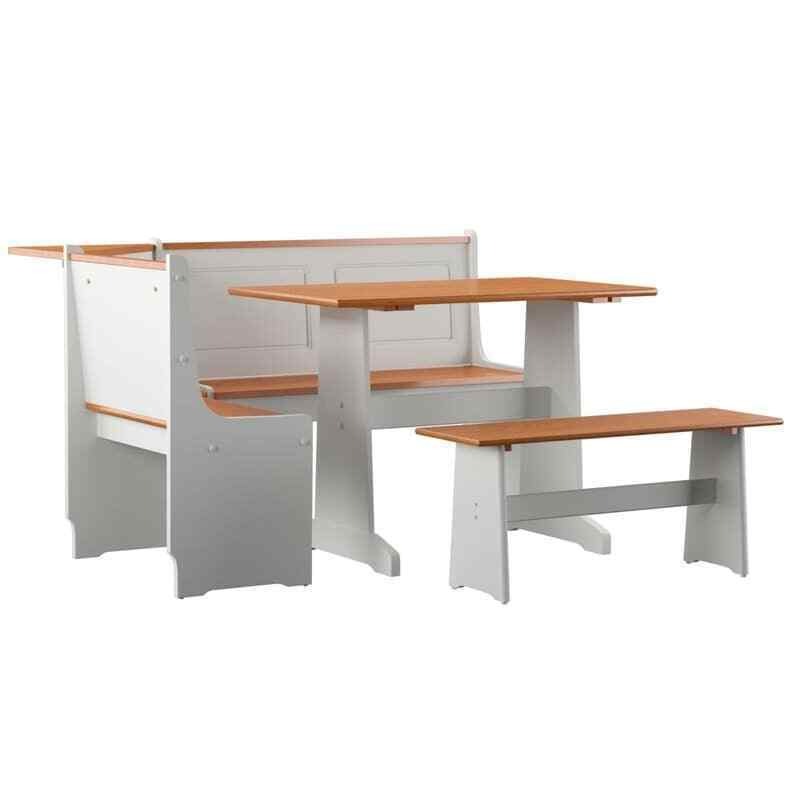 Farmhouse Style Corner Breakfast Dinette Set w/ Storage Bench - White w/ Nat Top