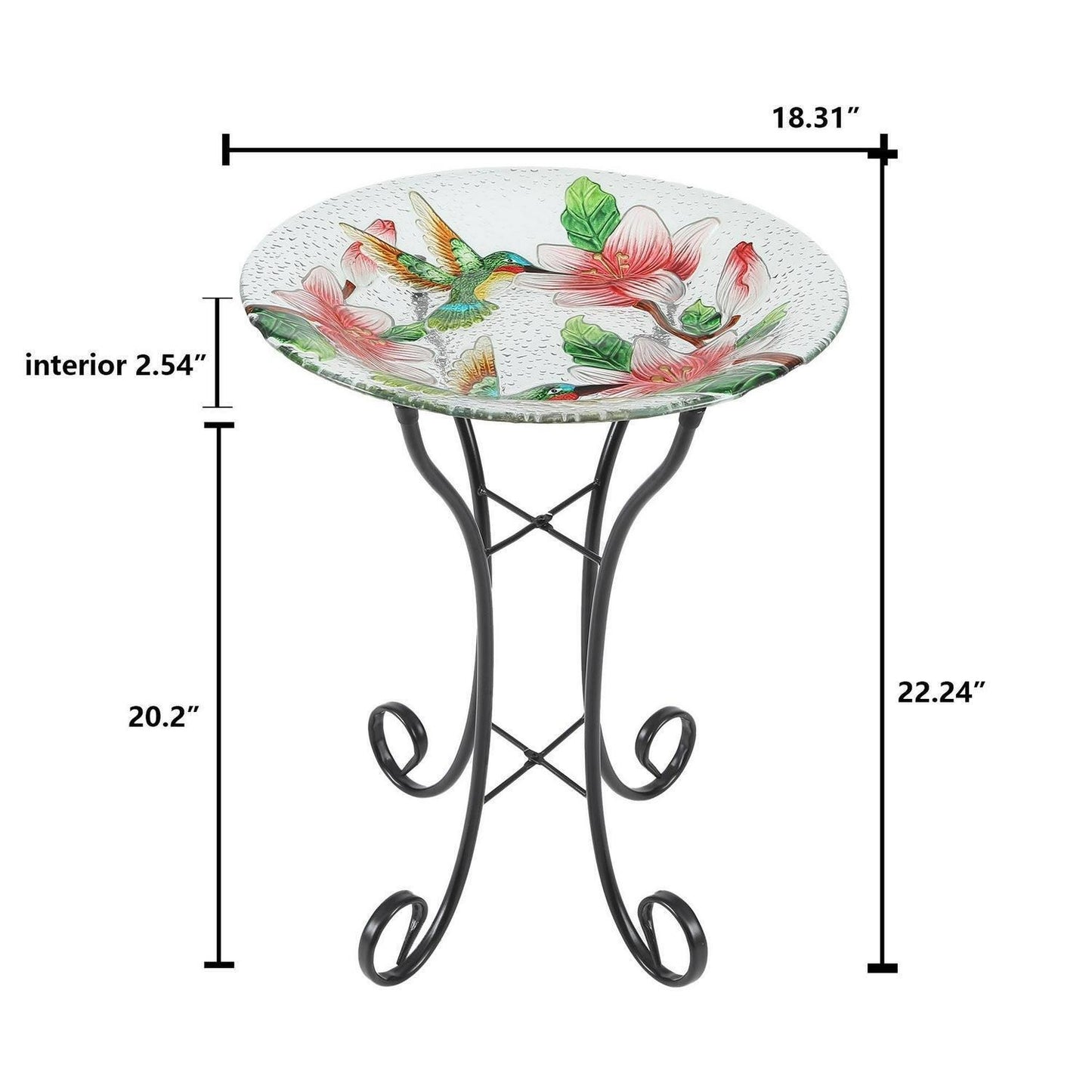 Bird Bath with Metal Stand Beautiful Hummingbird Theme Glass Bowl Birdbath