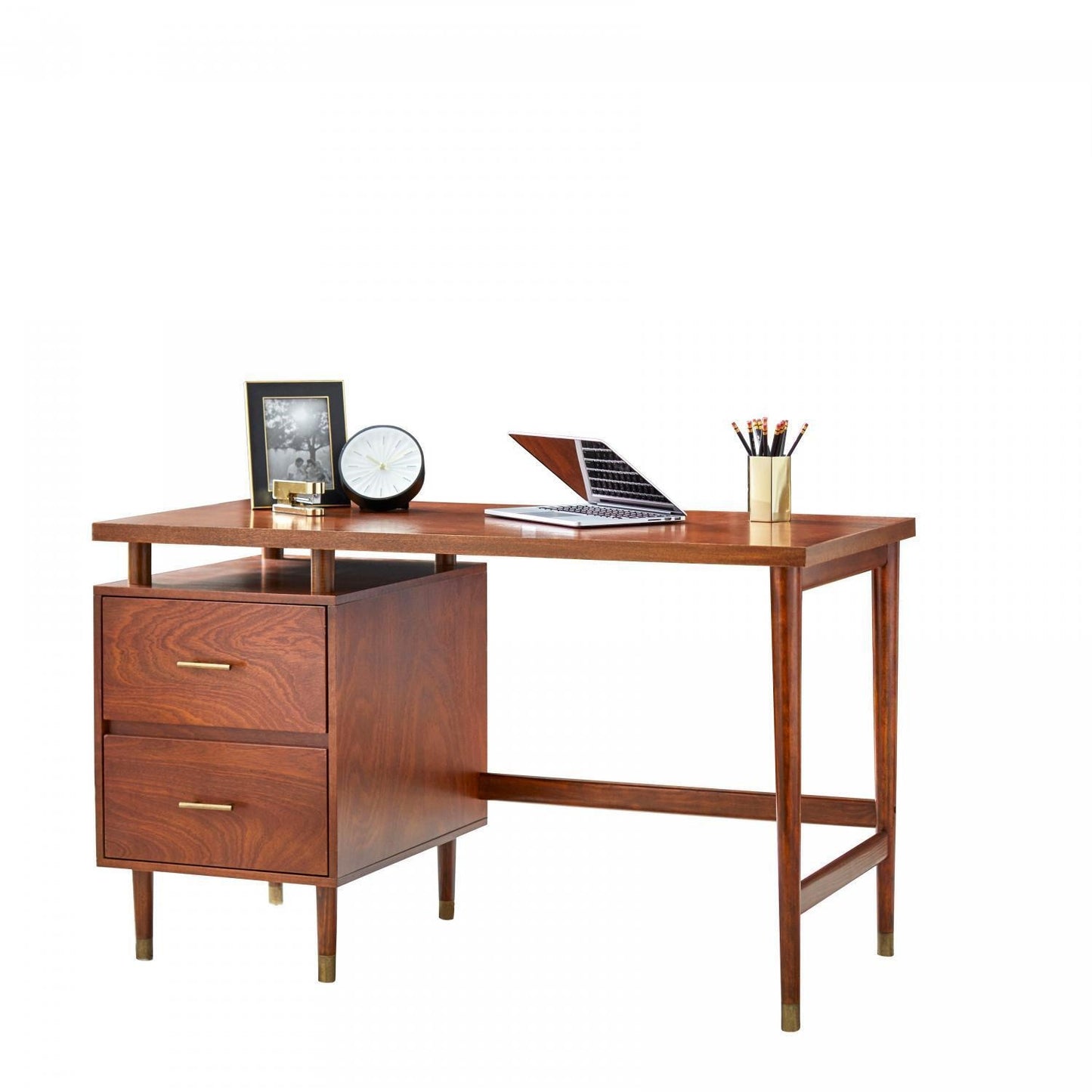 Desk Home Office 2-drawer Mid-Century Style Modern Desk in Walnut Finish