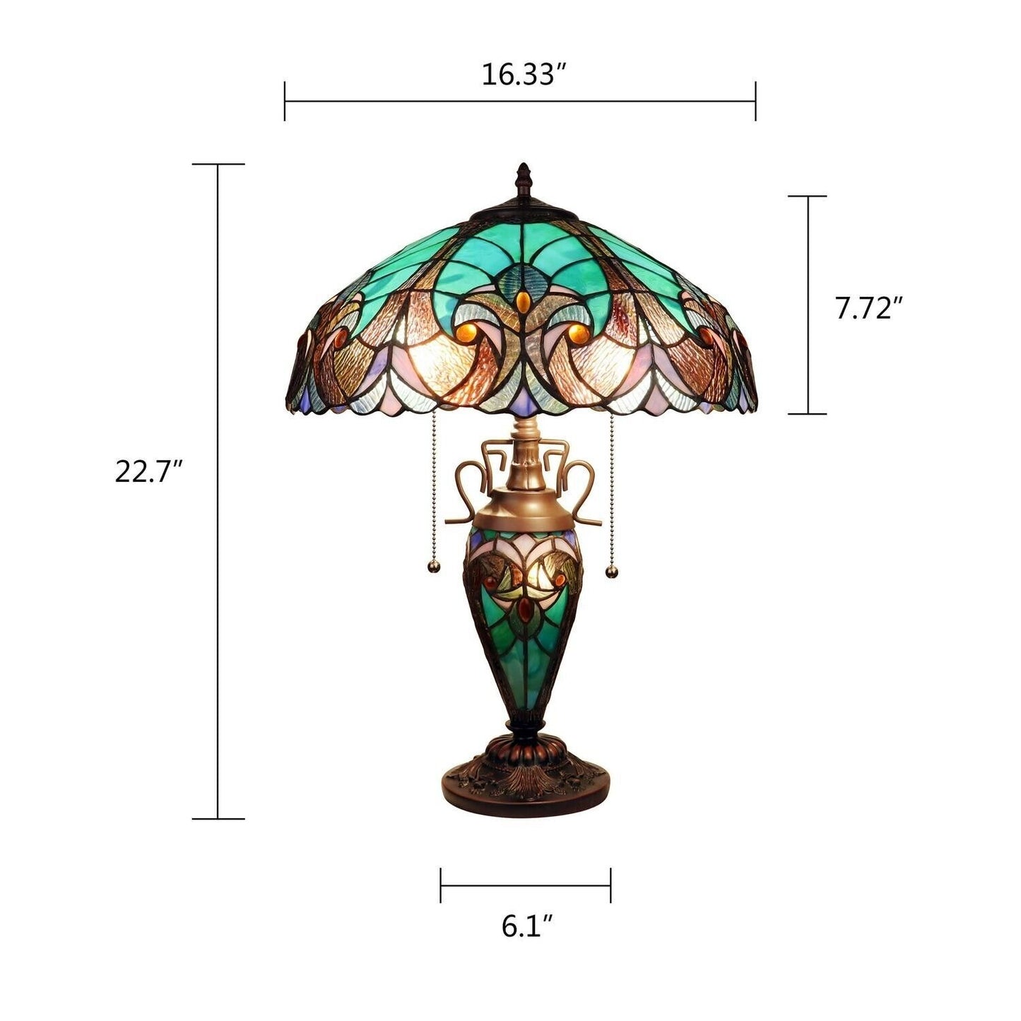 Aqua Blue Green Tiffany Inspired Victorian Stained Glass Table Lamp w/ Lit Base