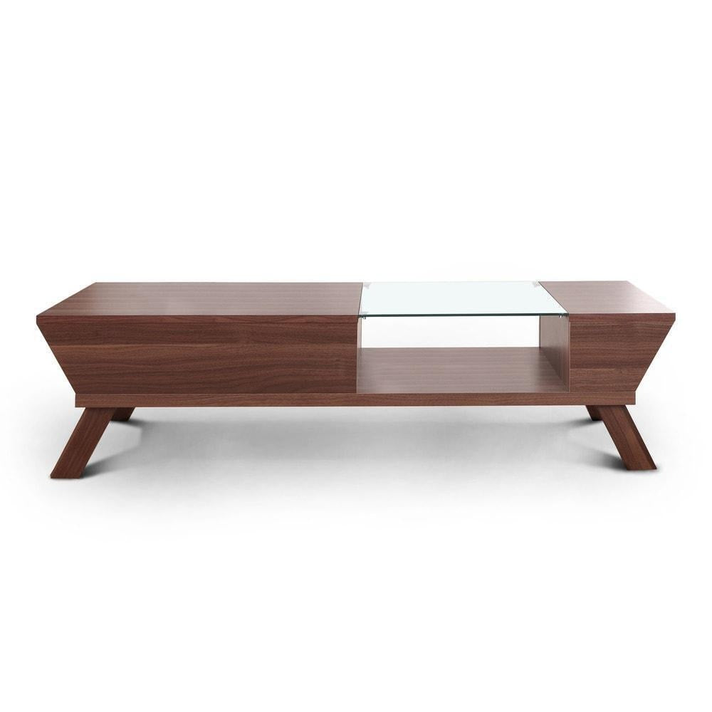 Mid-Century Modern Walnut Finish Coffee Table With Glass Insert, 47in Wide