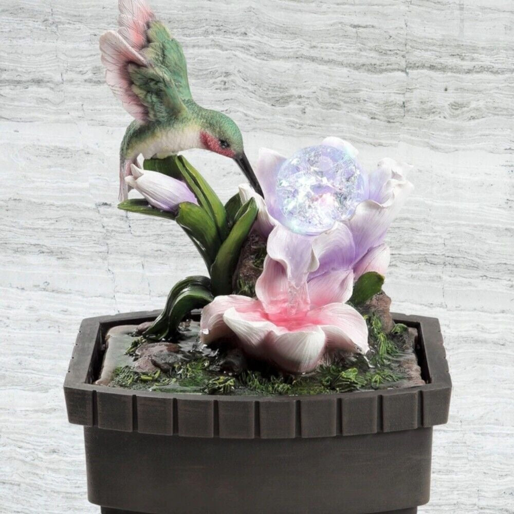 Tranquility: Hummingbird Tabletop Water Fountain w/ Illuminated Crystal 11in