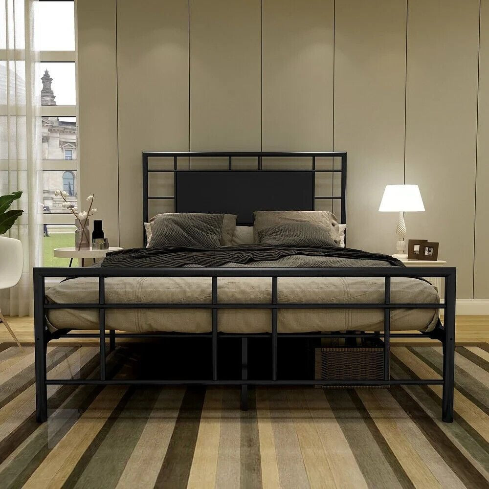 Full Sz Metal Platform Bed Frame with Padded Headboard & Footboard in Black
