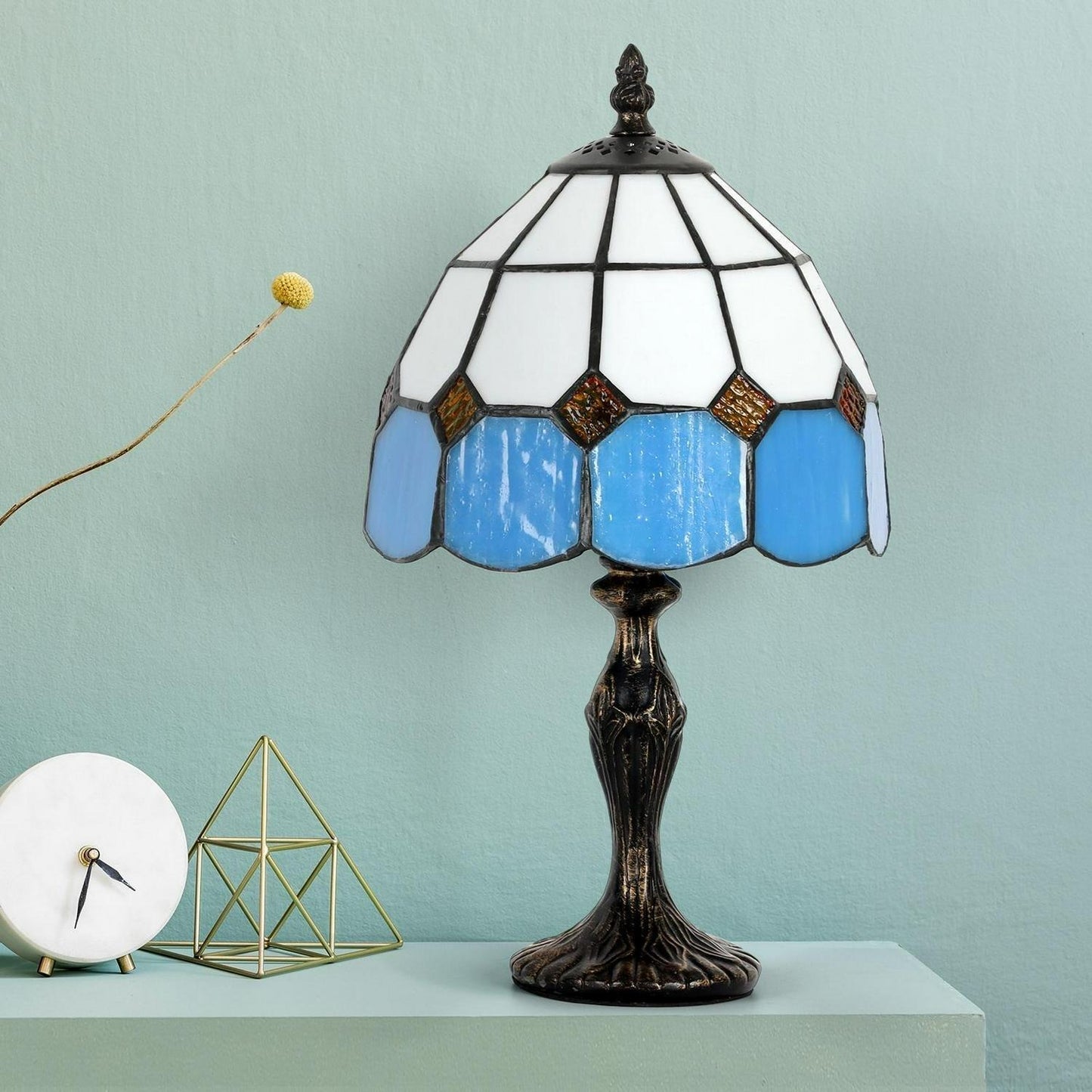 15in Mini Blue White Tiffany Style Stained Glass Accent Reading Table Lamp