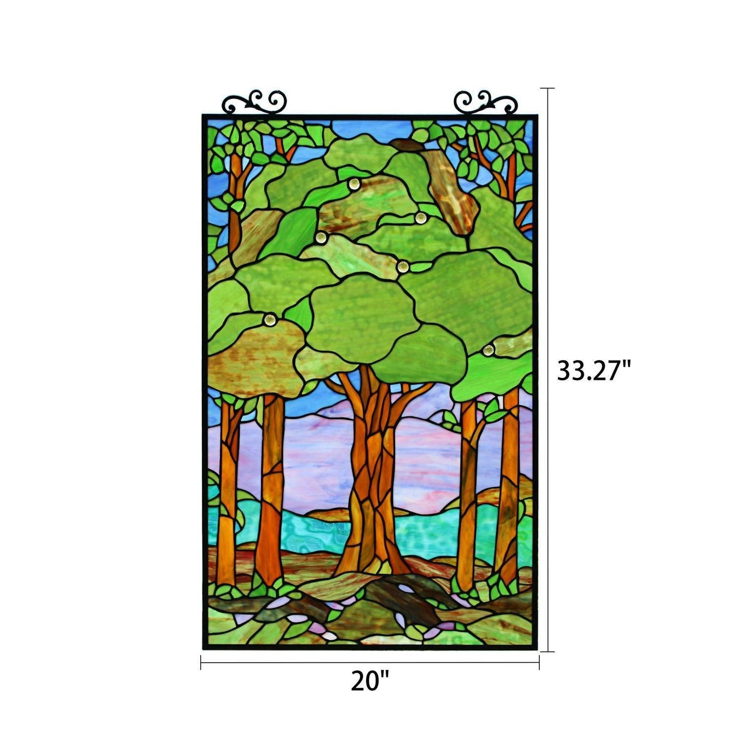 Beautiful Green Stained Glass Landscape Window Panel Suncatcher 20x33in