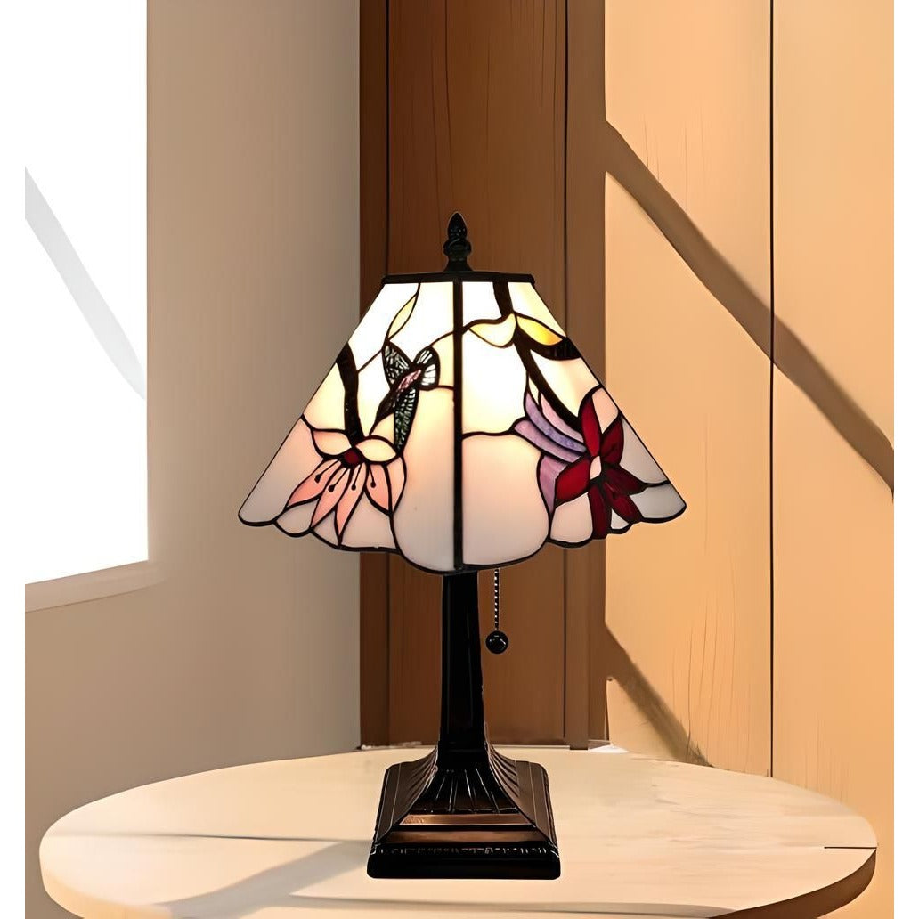 15-inch Tiffany Style Stained Glass Pink Hummingbird Mission Accent Table Lamp