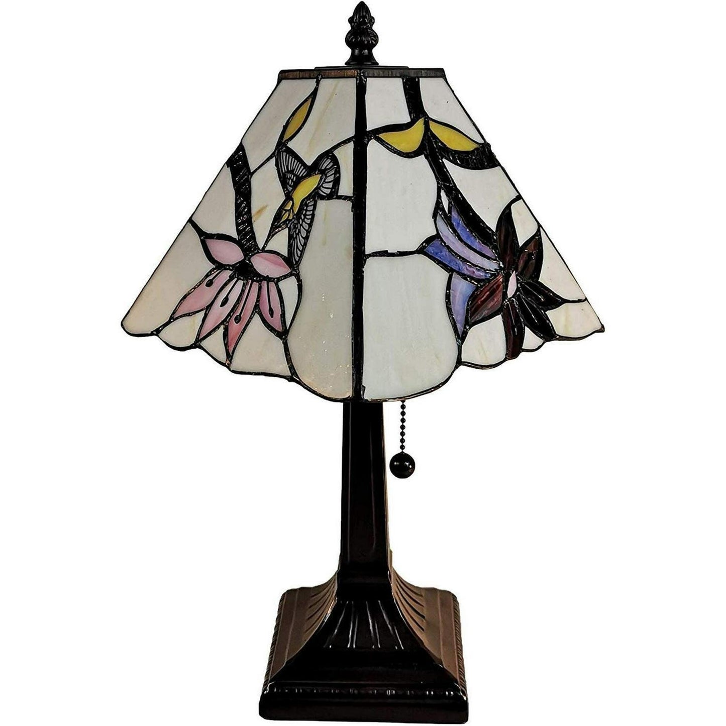 15-inch Tiffany Style Stained Glass Pink Hummingbird Mission Accent Table Lamp
