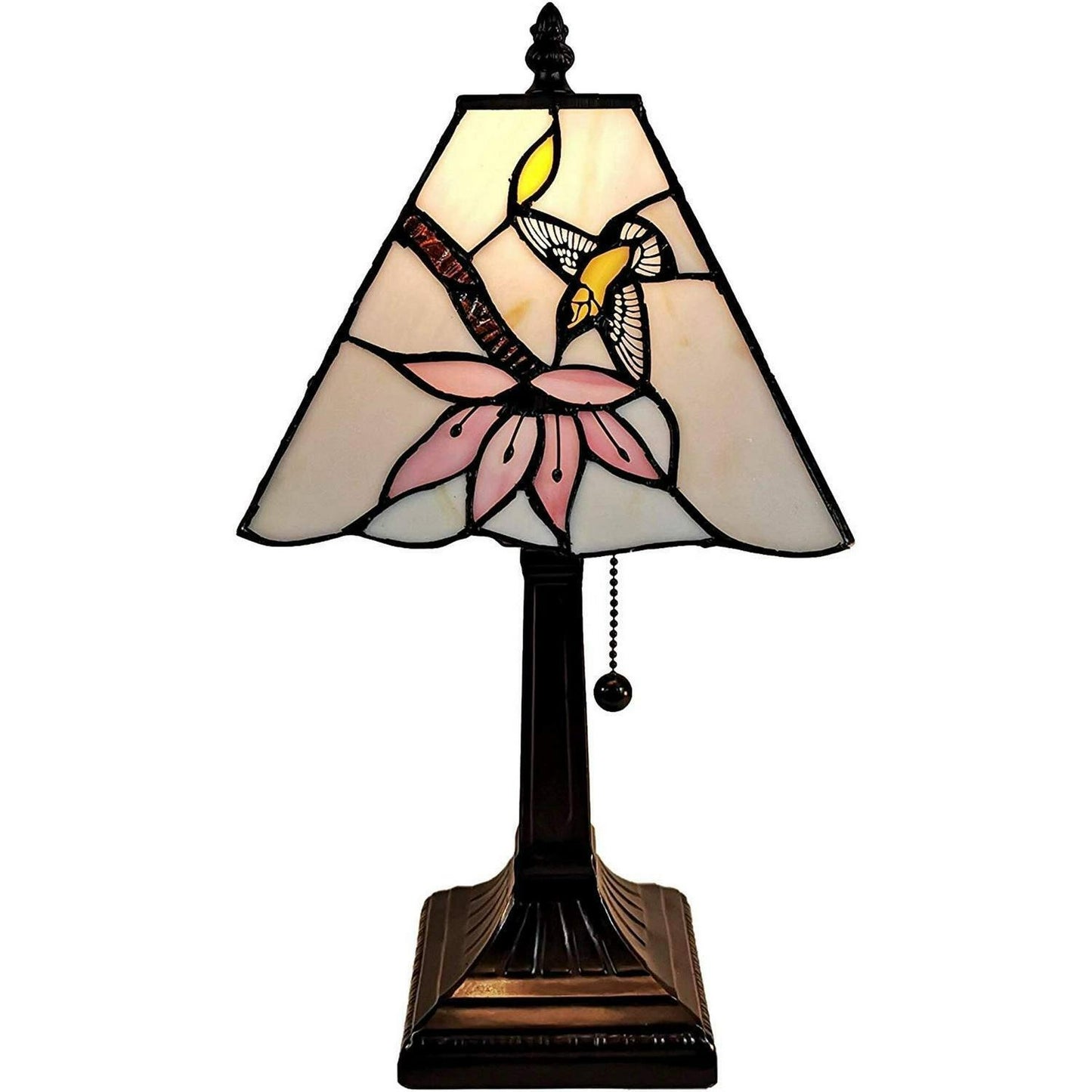 15-inch Tiffany Style Stained Glass Pink Hummingbird Mission Accent Table Lamp