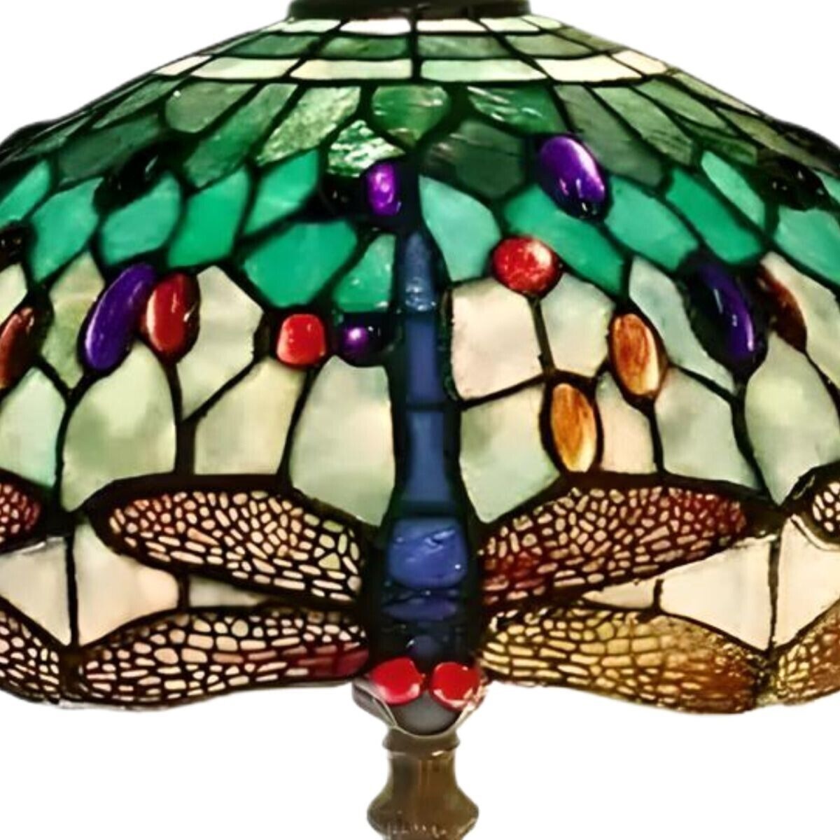 Jeweled Green and White Stained Glass Tiffany Style Dragonfly Table Lamp 18inT