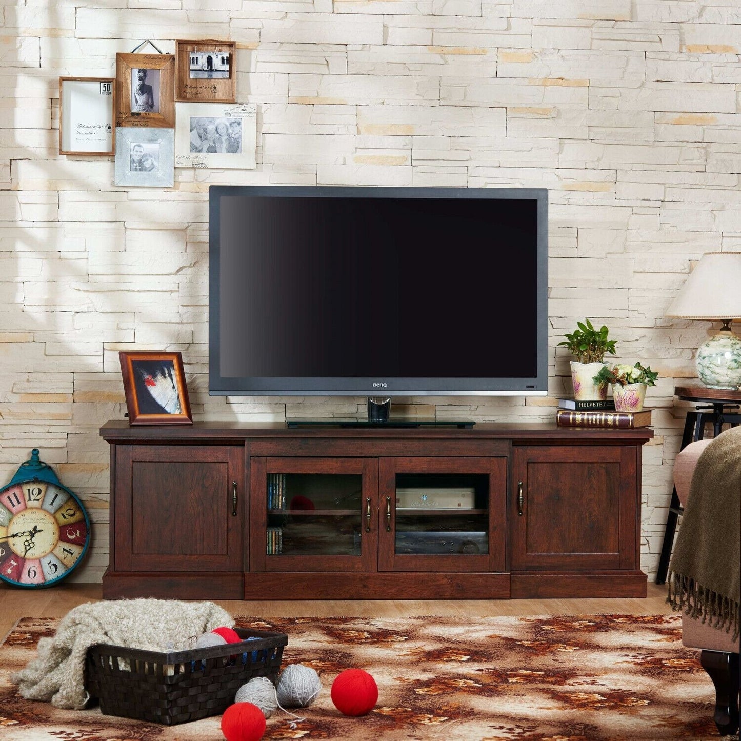 TV Stand / Entertainment Center Rustic Walnut Finish 6-Shelf with Glass Doors