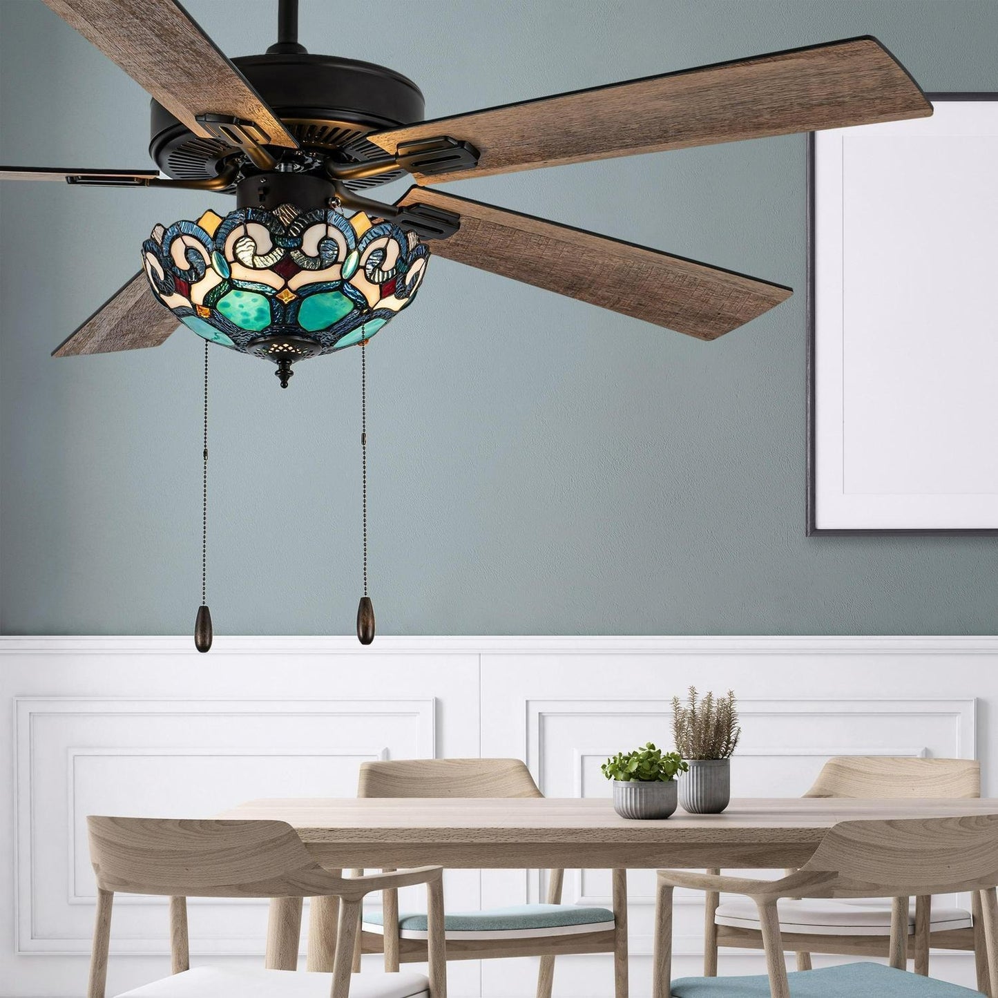 Ceiling Fan Oil-Rubbed Bronze and Aqua Green Stained Glass 3-Light 52in