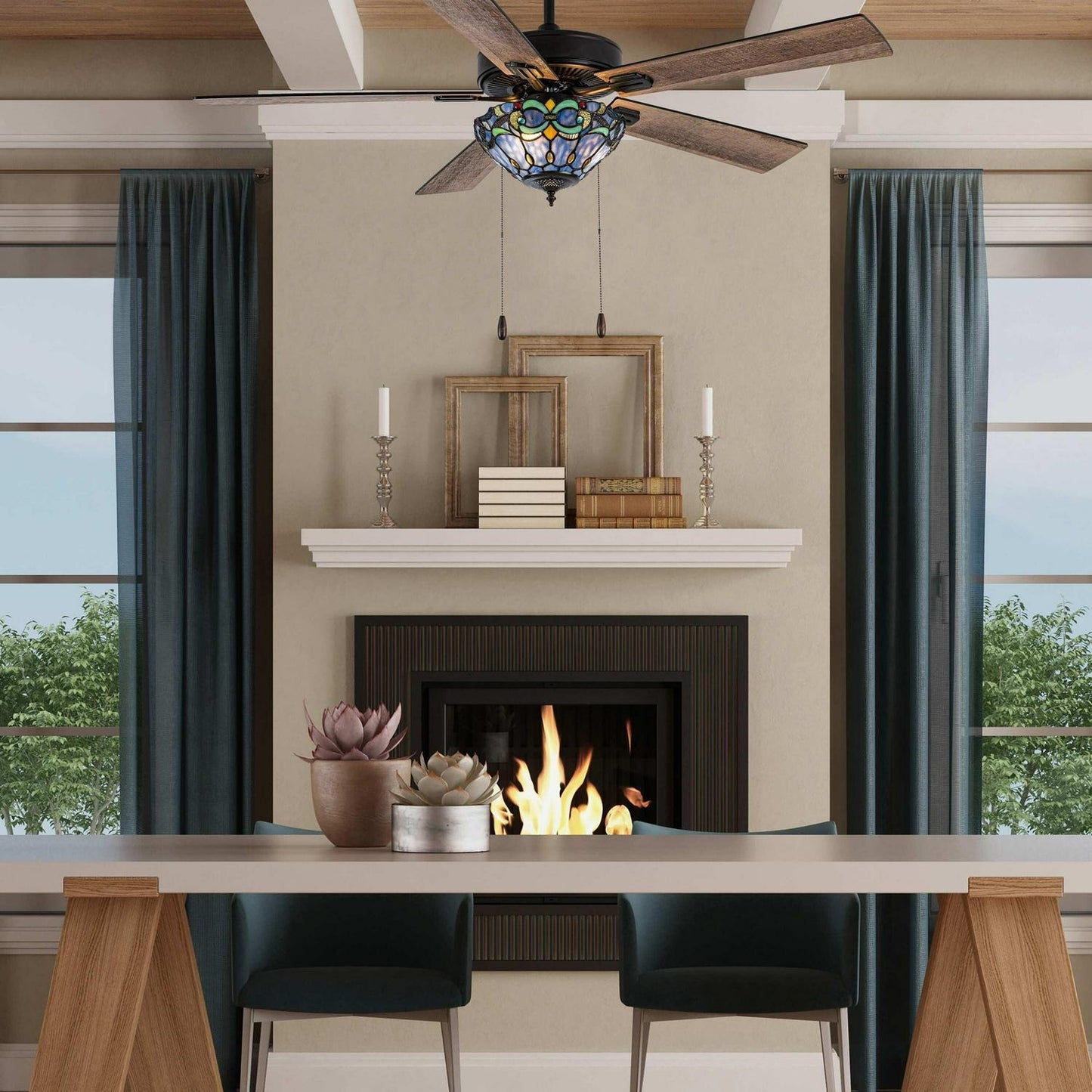 Remote Control Stained Glass Blue Ceiling Fan 52in 3-Light Oil-Rubbed Bronze