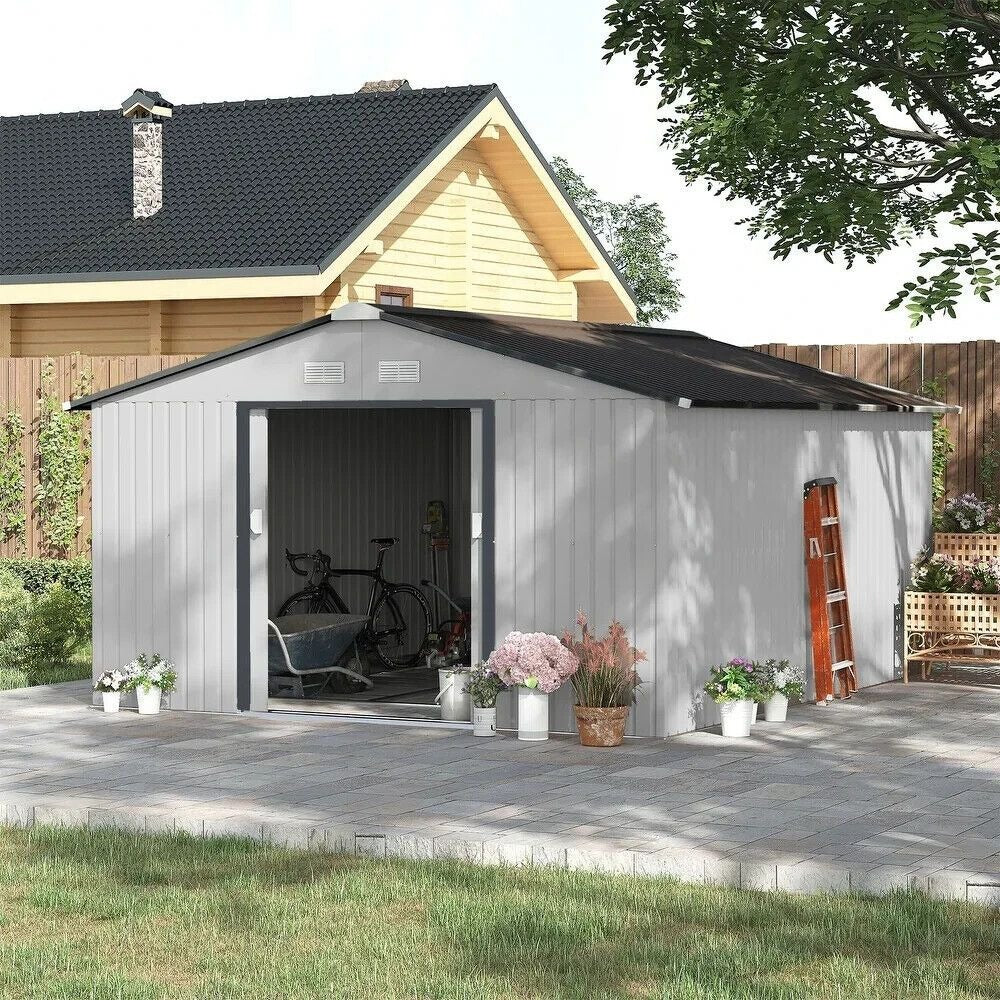 Outdoor Storage Garden Shed, Rust Resistant Galvanized Steel - 10x12ft, Lt Gray
