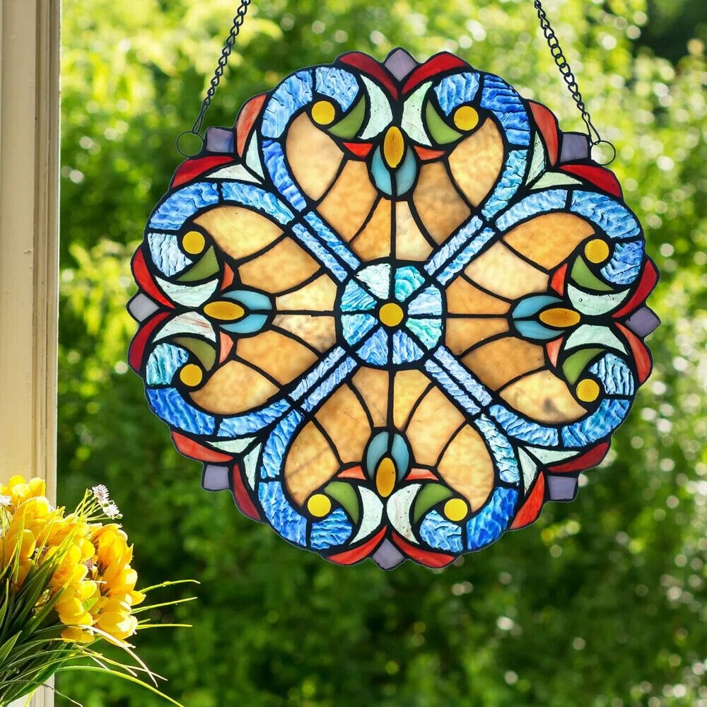 12-In Blue and Red Floral Tiffany Style Stained Glass Window Panel Suncatcher