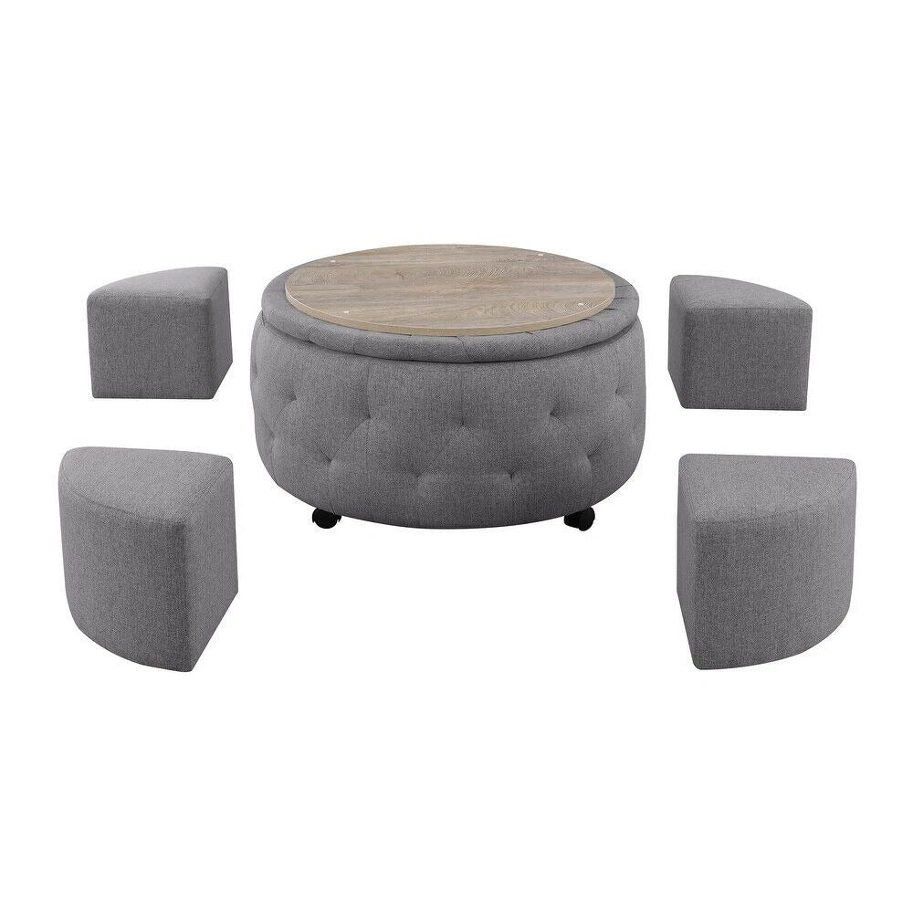Round Rolling Storage Ottoman Cocktail Set with 4 Ottomans in Dark Grey